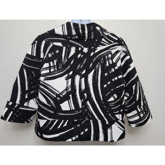 Black White Abstract Print 3 Button Cropped Blazer Large/XL Lined Notched Collar - Picture 4 of 5